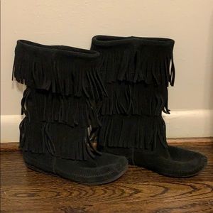 Minnetonka tall black fringe boot